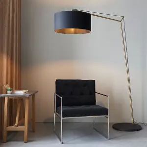 Matt Brass Large Standing Floor Lamp Light - Black Cotton Shade & Painted Base