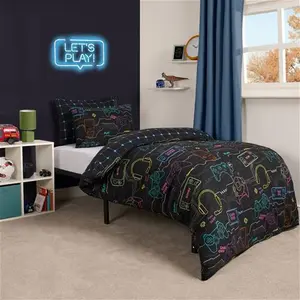 OHS Gaming Print Duvet Set, Black - Double