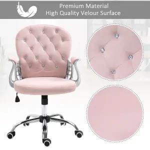 Vinsetto Office Chair Ergonomic 360 degree Swivel Diamante Tufted Home Work Velour Padded Base 5 Castor Wheels Pink