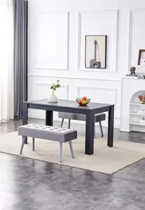 Dining Table and 2 Benches Dark Grey Table 2 Velvet Benches Wood Table Dining Set Furniture