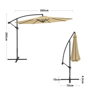 3M Large Rotatable Garden Sun Shade Cantilever Parasol Patio Hanging Banana Umbrella Crank Tilt with Cross Base, Khaki