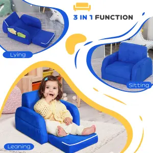 HOMCOM 2 In 1 Kids Armchair Sofa Bed Fold Out Padded Wood Frame Bedroom Blue