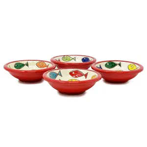 Signature Coloured Fish Hand Painted Ceramic Set of 4 Tapas Bowls Red Rim (Diam) 10cm