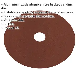 25 Pack of 100mm Fibre Backed Sanding Discs - 80 Grit Aluminium Oxide for Wood and Metal