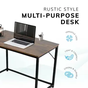 House of Home Computer Desk Rustic Brown with Black Coated Metal Frame - Versatile Coffee Table, Gaming Desk