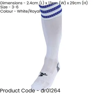 JUNIOR Size 3-6 Pro 3 Stripe Football Socks - WHITE/ROYAL BLUE - Contoured Ankle