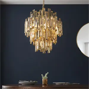 Hanging Ceiling Pendant Light - Gold Effect Plate & Champagne Crystal - 12 X 6W LED E14