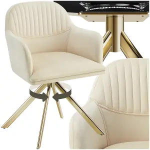 Armchair Lona - 360 swivel, high backrest, plush upholstery, slim steel legs - cream/gold