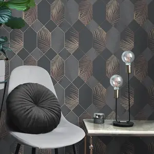 Miami Geometric Leaf Wallpaper Charcoal / Copper Fine Decor FD42833