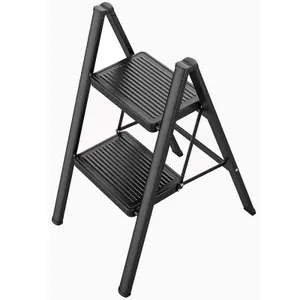 Black 2 Step Ladder Folding Metal Non Slip Stool Heavy Duty Carbon Steel