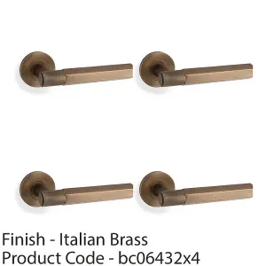 4 PACK - SOLID BRASS Hex Door Handle Set - Italian Brass Industrial Lever Round Rose