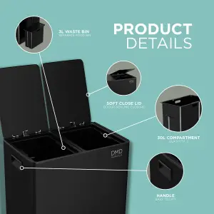 DMD Matt Black Stainless Steel 60L Waste & Recycling Kitchen Bin, 2 x 30L Buckets & 3L Compost Bin, Soft Closure