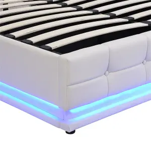 Ottoman Lift Storage Bed with LED Lighting, PU Faux Leather Upholstered 4ft6 Double Size Bed Frame(Without Mattress, White)