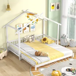 COSTWAY Single to Double Kids Bed Frame Wooden Extendable House Bed w/ Roof Frame