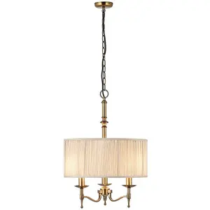 Avery Ceiling Pendant Chandelier Light 3 Lamp Antique Brass & Beige Round Shade