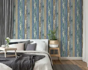 Rustic Distressed Elm Wood Plank Effect Blue Cabin Beige Realistic Wallpaper