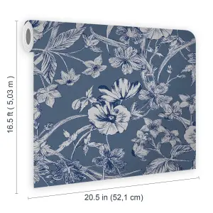 Laura Ashley Summerhill Midnight Blue Floral Smooth Wallpaper Sample