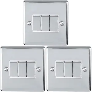 3 PACK 3 Gang Triple Metal Light Switch SATIN STEEL 2 Way 10A Grey Trim