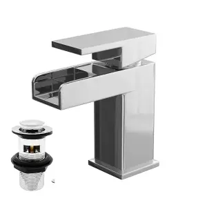 Waterfall Basin Sink Tap, Chrome Square  Single Lever Mono Mixer, Brass Faucet with Push Waste Plug