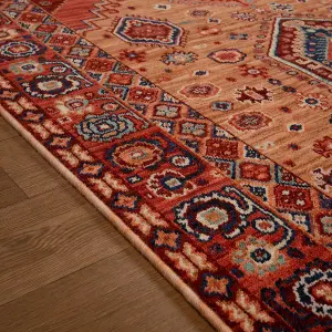 Persian Bordered Geometric Easy to Clean Red Traditional Rug for Living Room Bedroom & Dining Room-240cm X 340cm