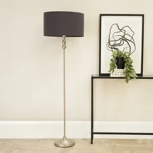 ValueLights Maggie Brushed Chrome Candlestick Floor Lamp with Charcoal Shade with LED Bulb