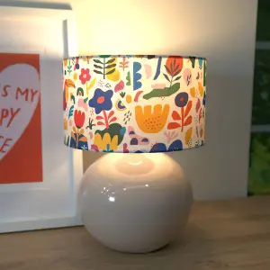 ValueLights Bosco Stone Natural Ceramic Table Lamp with Jungle Print Drum Shade - LED Bulb Included