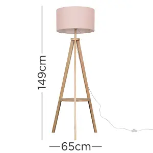 ValueLights Morrigan Light Wood Tripod Design Floor Lamp with Storage Shelf and Pink Drum Shade