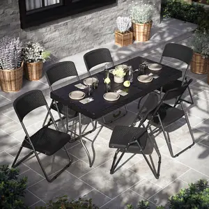 URBNGARDEN 82cm Height Black 6Pcs Rattan Effect Metal Folding Chairs Outdoor Indoor Dining Furniture