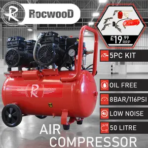 RocwooD Air Compressor Electric 50L Litre 1500w Silent 116PSI Plus 5pc Tool Kit