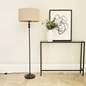 ValueLights Maggie Black Metal Candlestick Floor Lamp with Beige and Metallic Gold Shade and LED Bulb