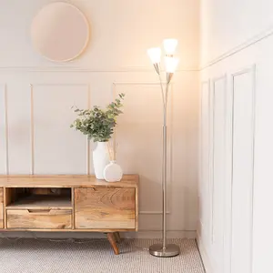 ValueLights Kristina Silver 3 Arm Floor Lamp with White Frosted Glass Shades - LED Bulb Included