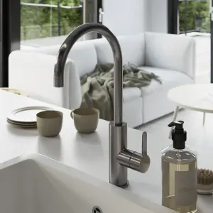 GoodHome Zanthe Black Titanium effect Kitchen Side lever Tap