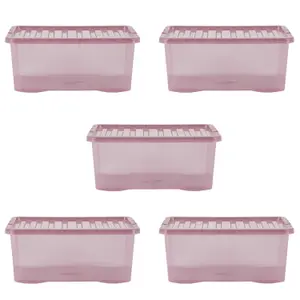 Wham Crystal 5x 45L Plastic Storage Boxes with Lids. Medium Size, Strong. Made in the UK Tint Dusky Orchid