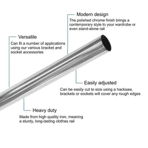 EAI - Hanging Wardobe Rail Kit - 25mm Tube - 2400mm Rail with 2x End Brackets & 1x Centre Brackets - Polished Chrome