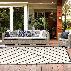 Extra Large Garden Outdoor Rug For Patio, Black & Sand Geo-Lines  Waterproof Garden Rug 180 x 270cm