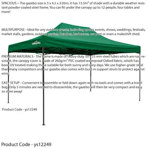 Durable 3x4.5m Green Pop-Up Gazebo with Side Walls for Outdoor Events