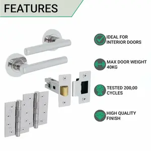 EAI Chrome Door Handle T-Bar Lever on Rose Latch Kit / Pack - 66mm Latch - 76mm Hinges - Polished Chrome