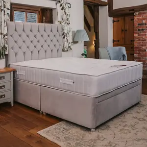 Ruby Memory Foam Orthopaedic Sprung Divan Bed Set 6FT Super King 2 Drawers Side - Plush Light Silver