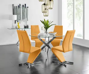 Furniturebox UK Novara Chrome Metal And Glass Large Round Dining Table And 4 Mustard Willow Chairs Set