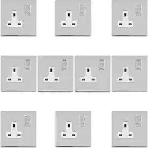 10 PACK 1 Gang DP 13A Switched UK Plug Socket SCREWLESS POLISHED CHROME Power