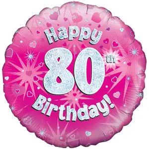 Oaktree 18 Inch Happy 80th Birthday Pink Holographic Balloon Pink/Silver (One Size)