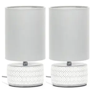 ValueLights Kaia Pair of - Grey and White Etched Ceramic Table Lamps with Fabric Shade - Bulbs Included