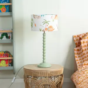 Sage Green Bobbin Stem Table Lamp with Dino Drum Shade for Living Room Bedroom