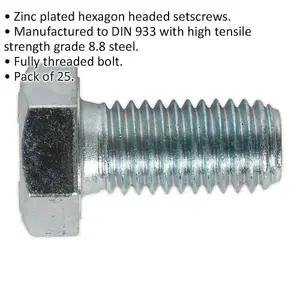 25 Pack M12 x 25mm Zinc Setscrews - Grade 8.8 Fully Threaded DIN 933