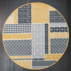 Yellow Ochre Grey Floral Patchwork Living Room Round Circular Mat 120x120cm