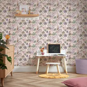 Dino Adventures Wallpaper in Soft Pink