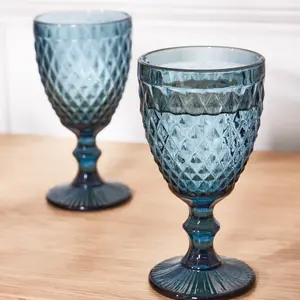 Set of 2 Vintage Luxury Blue Embossed Diamond Drinking Wine Glass Wine Goblets 270ml