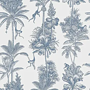 World of Wallpaper Monkey Troop Toile Wallpaper Blue (AF0010-BUR)