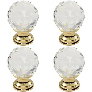 4x Faceted Crystal Cupboard Door Knob 35mm Dia Polished Brass Cabinet Handle