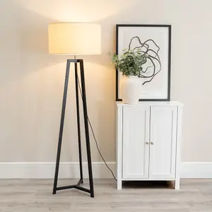 ValueLights Lottie Black Wood Tripod Floor Lamp with Natural Drum Shade